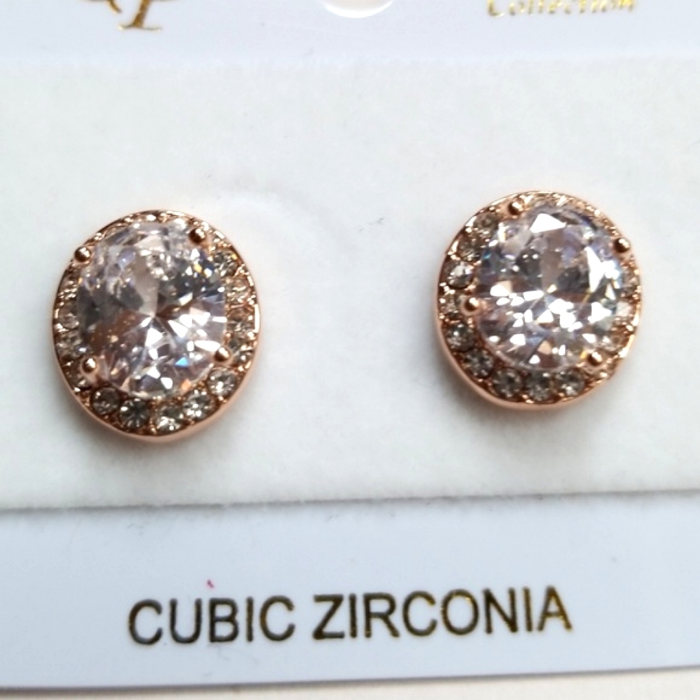 Cubic Zirconia Rose Gold Post Back Oval Earrings For Pierced Ears - Picture 10 of 12